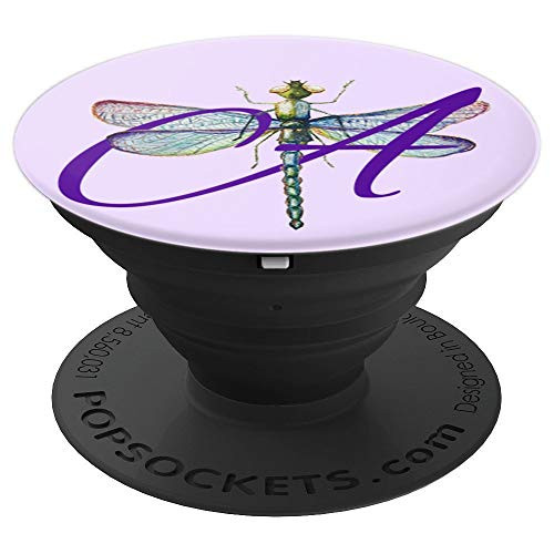 Alphabet Letter Purple A Initial on Lilac with Dragonfly - PopSockets Grip and Stand for Phones and Tablets