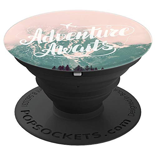 Adventure Awaits Pink Green Mountains Quote by Nature Magick - PopSockets Grip and Stand for Phones and Tablets
