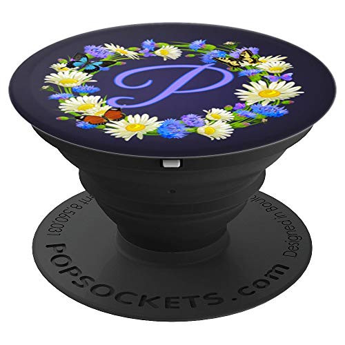 Daisy Flower Purple White Monogram P Letter Initial Floral - PopSockets Grip and Stand for Phones and Tablets
