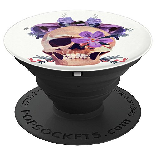 Watercolor Skull with Purple Flowers - PopSockets Grip and Stand for Phones and Tablets