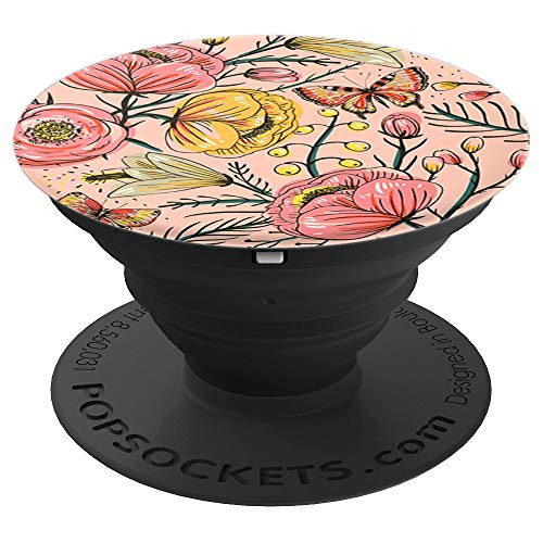 Pink and Yellow Floral Pattern Butterflies and Flowers - PopSockets Grip and Stand for Phones and Tablets