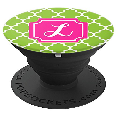 Hot Pink Letter L Monogram on Green Quatrefoil L Initial - PopSockets Grip and Stand for Phones and Tablets