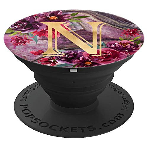 Initial N Monogram Letter Floral Purple Marble Print - PopSockets Grip and Stand for Phones and Tablets