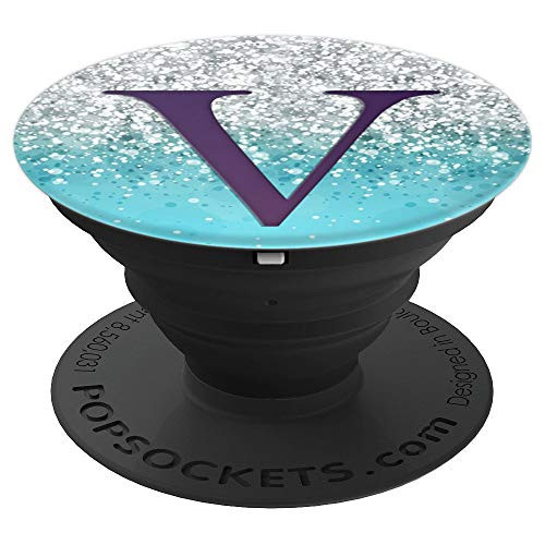 Dark Purple Letter V Monogram On White Silver Blue - PopSockets Grip and Stand for Phones and Tablets