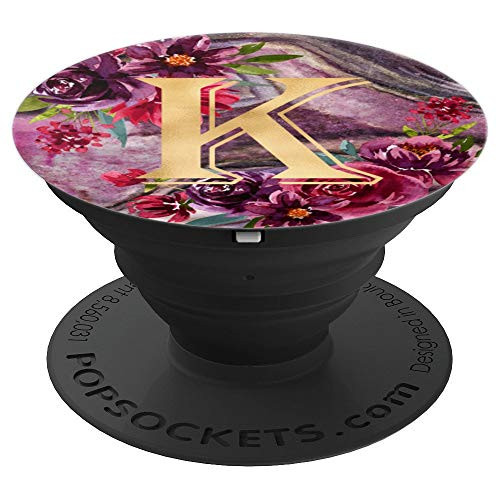Initial K Monogram Letter Floral Purple Marble Print - PopSockets Grip and Stand for Phones and Tablets