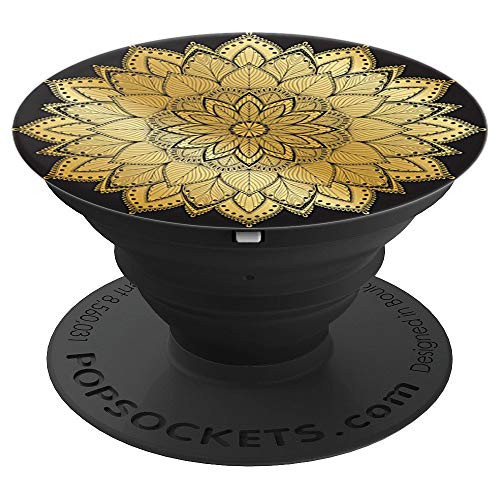 Pop Sockets Black Background Yellow Pattern Mandala - PopSockets Grip and Stand for Phones and Tablets