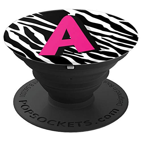 Pink A Monogram on Zebra Black and White Print - PopSockets Grip and Stand for Phones and Tablets