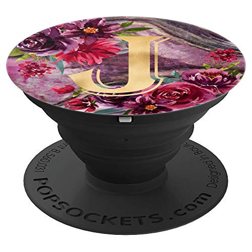 Initial J Monogram Letter Floral Purple Marble Print - PopSockets Grip and Stand for Phones and Tablets