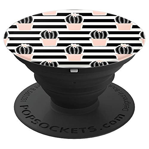 Cute Cactus Pink Pots | Black White Lines Plants Striped - PopSockets Grip and Stand for Phones and Tablets