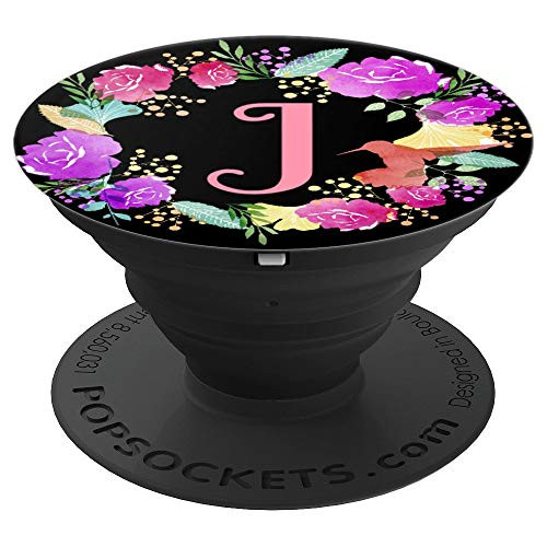 Letter J pink, black monogram, floral purple teal initial J - PopSockets Grip and Stand for Phones and Tablets