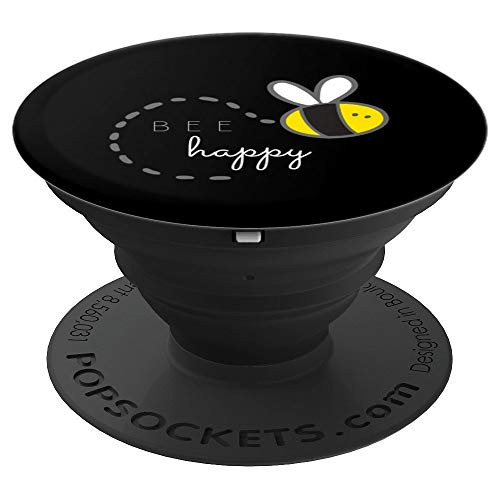 "Bee Happy" Yellow Black Bumble Bee Pun Quote -Save The Bees - PopSockets Grip and Stand for Phones and Tablets