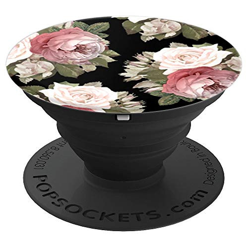 Floral Print White Pink Rose Flower Black Design - PopSockets Grip and Stand for Phones and Tablets Floral Print White Pink Rose Flower Black Design - PopSockets Grip and Stand for Phones and Tablets