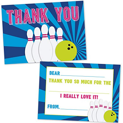 Bowling Fill in The Blank Thank You Cards for Kids (20 Count with Envelopes) - Bowling Party Supplies for Boys and Girls - Cosmic Neon Bowling Thank You Notes
