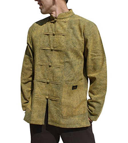 RaanPahMuang Branded Mixed Cotton Professional Chinese Mandarin Jacket Shirt, Large, Stonewashed Muang Cotton - Green & Yellow