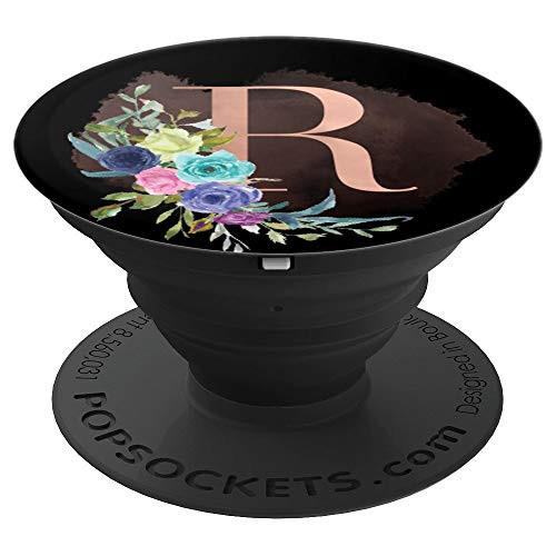 Blue Purple Yellow Flowers Rose Pink Black Monogram letter R - PopSockets Grip and Stand for Phones and Tablets