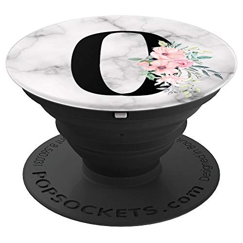 Black Monogram Pink Floral over Marble Name Initial Letter O - PopSockets Grip and Stand for Phones and Tablets
