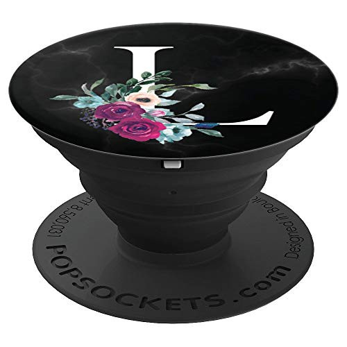 Black Marble Purple Floral Monogram Name Initial Letter L - PopSockets Grip and Stand for Phones and Tablets