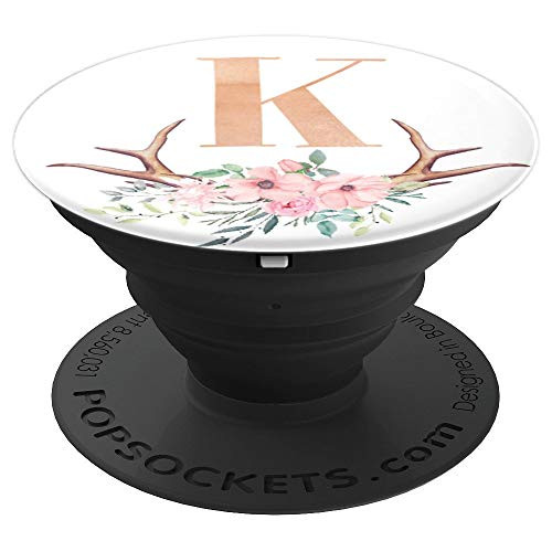 Antlers Pink Flowers Rose  Monogram Initial Letter K - PopSockets Grip and Stand for Phones and Tablets