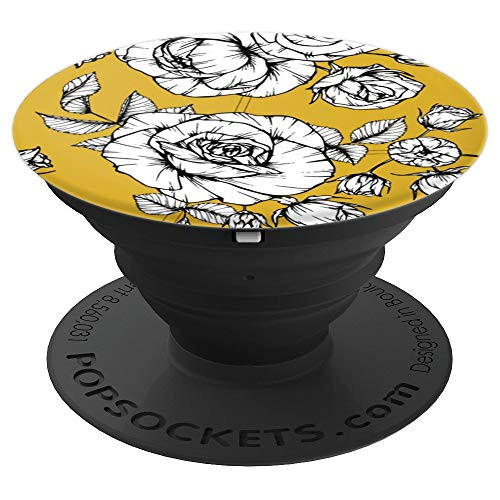 Roses Drawing Pattern Mustard Yellow Background - PopSockets Grip and Stand for Phones and Tablets