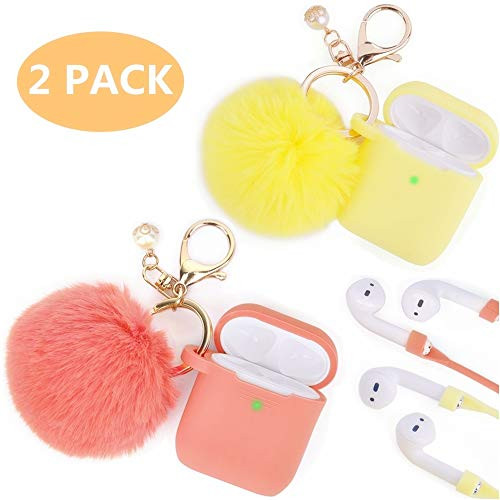 Airpods Case, Filoto Airpod Case Cover for Apple Airpods 2&1 Charging Case, Cute AirPods Silicon Case with Airpods Accessories Keychain/Skin/Pompom/Strap, with BBF (Living Coral+Mellow Yellow)