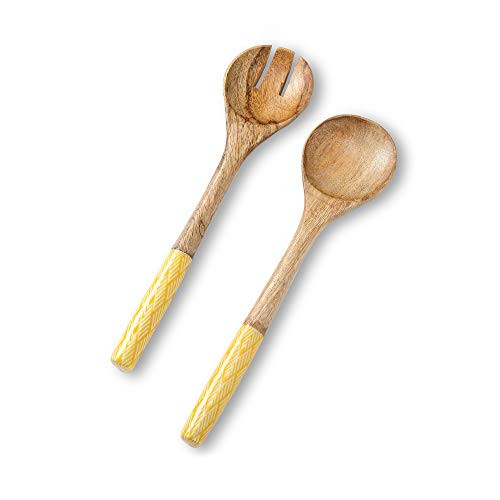 Salad Servers or Salad Tongs, Wooden Utensils for Serving Salad, 12-inch Spoon and Fork Set, Mango Wood, Yellow Servers