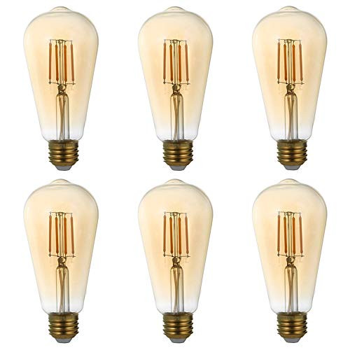 GMY E26 Edison Bulb LED Dimmable 4W Equivalent to 30W ST21(ST64) 120V LED Vintage Filament Light Bulb Amber Glass 2200K Warm White Pack of 6