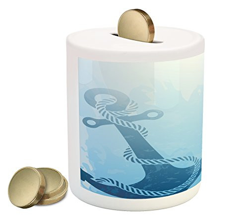 Ambesonne Nautical Piggy Bank, Monochrome Anchor Illustration Deep Down in The Sea Bottom Be Strong and Stable, Ceramic Coin Bank Money Box for Cash Saving, 3.6" X 3.2", Light Blue