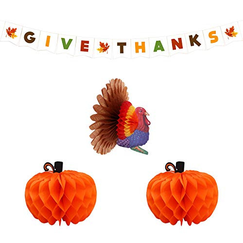 Turkey and Pumpkin Paper Honeycomb  Give Thanks Banner Thanksgiving Party Decorations Supplies Kit| Pack of 4, Great Centerpiece for Fall Autumn Party, Dining Table, Outdoor, Home Office Décor