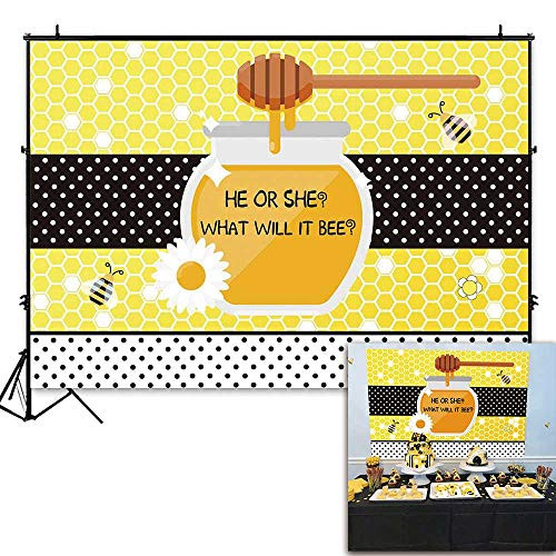 Funnytree 7x5ft Sweet As Can Bee Baby Shower Backdrop He or She Yellow Honeycomb Gender Reveal Photography Background Spoted Boy Girl Gender Surprise Party Cake Table Decorations Photo Booth Banner