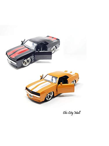 Jada Bundle (2-Pack) | 1969 Chevy Camaro | Die Cast Vehicle | 1:32 Scale | Motorized Pull Back Action | Big Time Muscle (Black + Orange)