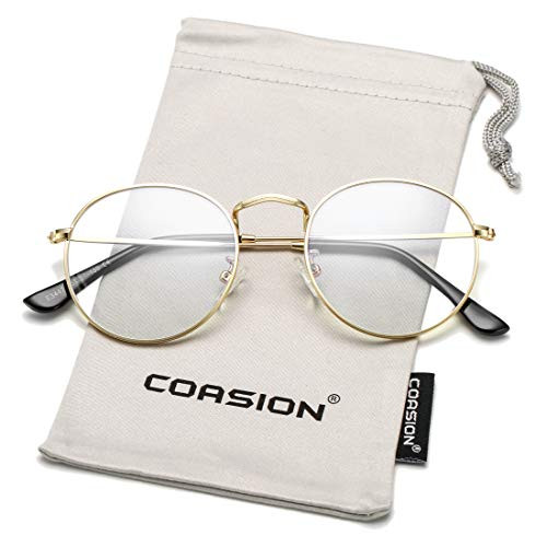 COASION Blue Light Blocking Glasses Retro Round Clear Lens Anti Blue Ray Computer Game Eyeglasses (Gold)