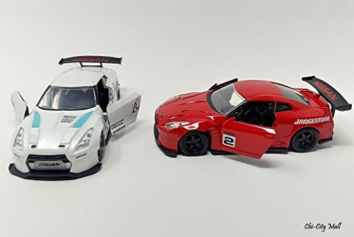 Jada Bundle (2-Pack) - 2009 Nissan GT-R (R35) Ben Sopra | JDMTuners Die Cast Metal Vehicle | 1:32 Scale | Motorized Pull Back Action | (White-Red)