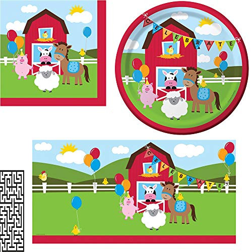Farmhouse Fun Napkins, Plates, Tablecover Party Bundle for 16 People - Includes 1 Maze Game Activity Card by ClassicVariety