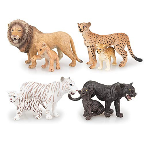 TOYMANY 8PCS 2-5" Plastic Safari Animals Figure Playset Includes Baby Animals, Realistic Lion,Tiger,Cheetah,Black Panther Figurines with Cub, Cake Toppers Christmas Birthday Toy Gift for Kids Toddlers