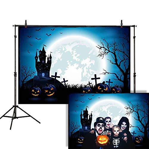 Allenjoy 7x5ft Happy Halloween Backdrop Night Blue Sky and Moon Jack O'Lantern Pumpkin Lantern Scary Castle Photography Background Children Party Decorations Cake Table Banner Photo Studio Booth