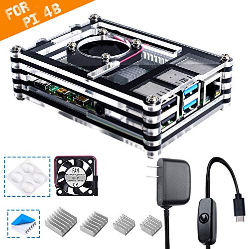 Smraza Case for Raspberry Pi 4 B, Case with Cooling Fan, 4PCS Heatsinks, 5V 3A USB-C Power Supply for Raspberry Pi 4 Model B (RPI 4 Board Not Included) - Black and Clear