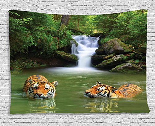 Ambesonne Safari Decor Tapestry, Siberian Tigers in Water Waterfall Pool Woodland Swimming Asian Natural, Wall Hanging for Bedroom Living Room Dorm, 60 W X 40 L Inches
