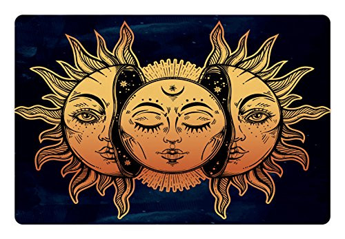 Ambesonne Psychedelic Pet Mat for Food and Water, Moon and Sun with Many Fractal Faces Celestial Energy Mystic Art Print, Non-Slip Rubber Mat for Dogs and Cats, 18" X12", Blue Yellow