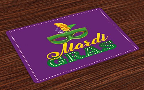 Ambesonne Mardi Gras Place Mats Set of 4, Green Mask with Colorful Feathers on Purple Backdrop Styled Calligraphy, Washable Fabric Placemats for Dining Room Kitchen Table Decor, Purple Yellow
