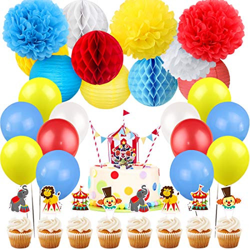 Carnival Circus Party Decorations Supplies for Kids Birthday Circus Animals Clown Cake Toppers for 1st 2nd Birthday