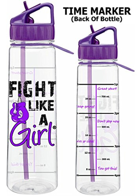 Fight Like a Girl w/Boxing Gloves Slimkim II Water Sports Bottle | Motivational Time Marker with Measurement Goals 30 Oz - Purple (2 Color Choices)