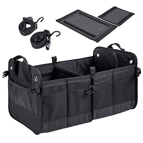 COVAX Car Trunk Organizer for SUV, Collapsible Auto Storage Container with Multi Compartments, Sturdy Bottom Bases and Securing Straps Included 
