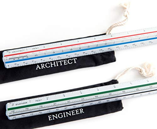 Architectural Scale Ruler (Imperial) and Engineer Scale Ruler Set - Two 12 Inch Aluminum Triangular Scale Rulers with Protective Sleeves