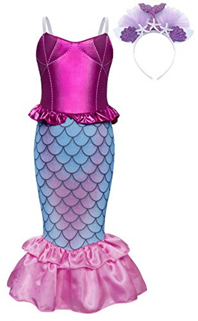 AmzBarley Princess Ariel Little Mermaid Costume Dress for Girls Fancy Party Cosplay Dress up with Headband Size 6 (5-6Years)
