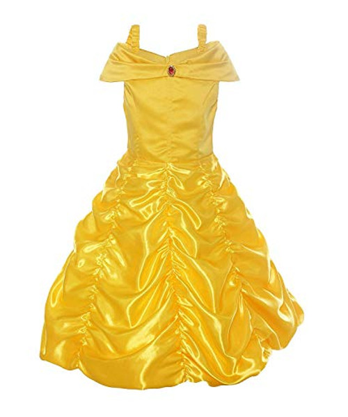 Girls' Princess Belle Costumes Off Shoulder Layered Layered Princess Dress Up Halloween Costume (Yellow Costume, 4T/5)