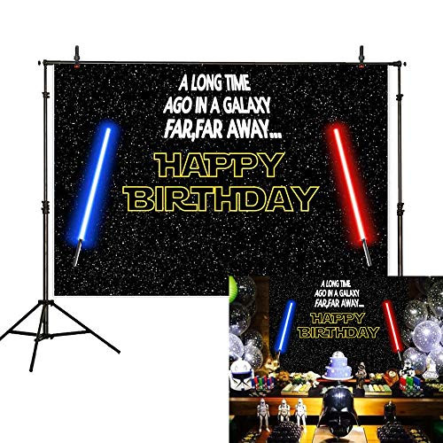 Allenjoy 7x5ft Happy Birthday Theme Backdrop Star Black Sky Universe Wars Blue and Red Lightsaber Photography Background Boy Baby Shower Party Cake Table Decoration Banner Photo Booth Studio Props