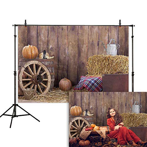 Allenjoy 7x5ft Autumn Backdrop for Photography Fall Old Barn Pumpkin Wheel Hay Vintage Suitcase Wooden Board Wall Background Thanksgiving Decoration Cake Table Banner Photo Studio Booth Props