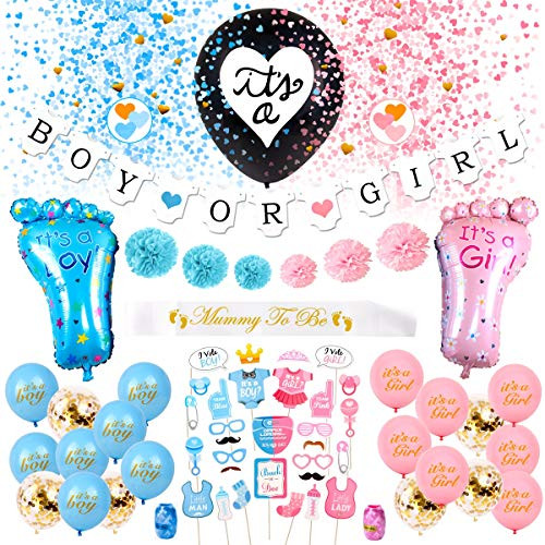 Gender Reveal Party Supplies Pack - 65 Pieces Gender Reveal Decorations | 36 Gender Reveal Balloon Boy OR Girl Banner | Foil Latex Balloons | Mummy To Be Sash/Gender Reveal Props