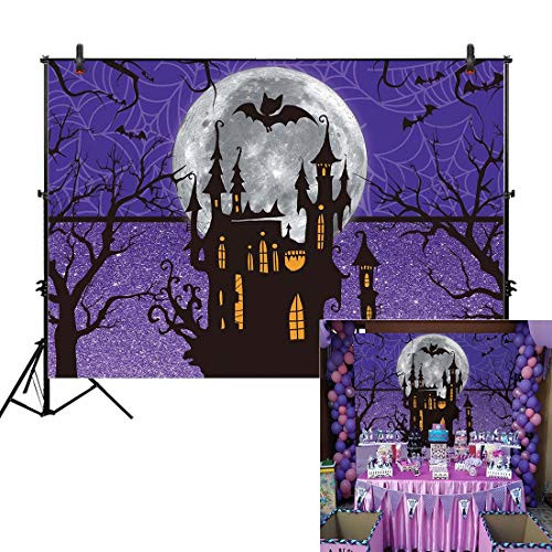 Allenjoy 7x5ft Halloween Backdrop for Girl Birthday Party Moonlight Castle Children Purple Photography Background Trick or Treat Banner Newborn Baby Shower Home Decor Photoshoot Studio Props Cloth