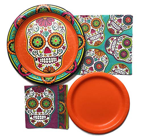 Day of the Dead Paper Plates and Napkins - Sugar Skull Party Supplies - For 16 Guests